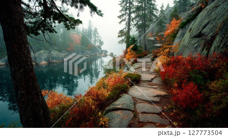 Autumnal Forested Lake Trail with Red and Orange Leaves 127773504