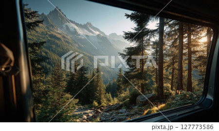 Mountain Landscape Sunrise View From Car Window Mountain Landscape Sunrise View From Car Window 127773586