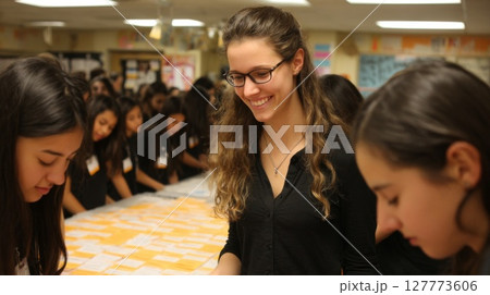 Smiling Teacher Assisting Students with Registration Smiling Teacher Assisting Students with Registration 127773606