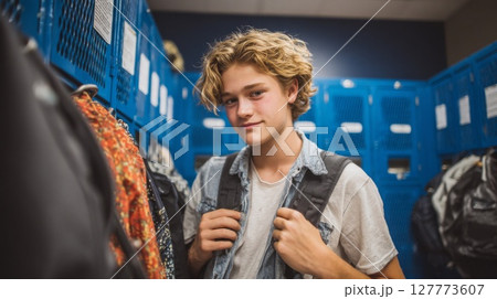 Teenage Boy with Backpack in School Locker Room 127773607