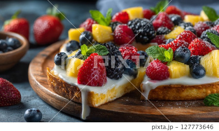 Fruit Pizza with Yogurt Cream and Berries 127773646