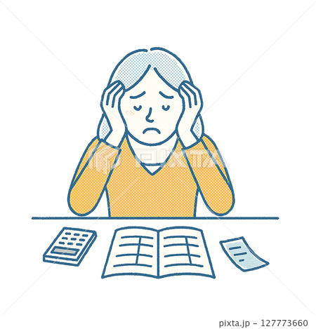 家計簿と電卓を前に頭を抱える女性   127773660