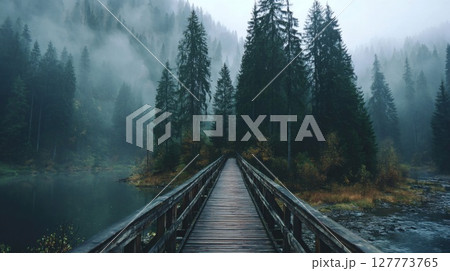 Wooden Bridge Leading into a Foggy Forest Lake 127773765