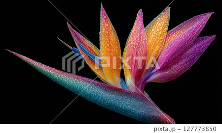 Closeup of Vibrant Bird of Paradise Flower with Water Droplets 127773850