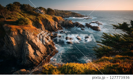 Coastal Sunset Landscape With Rocky Cliffs 127773936