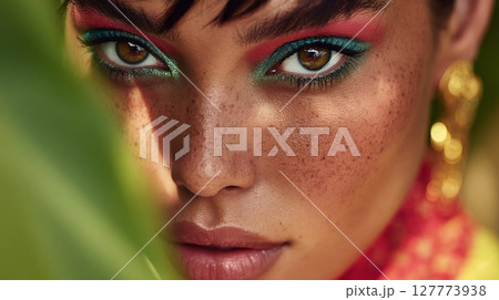Closeup Portrait of a Woman with Colorful Makeup and Freckles 127773938