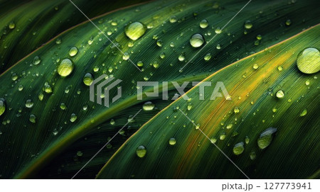 Closeup of Dark Green Leaves with Water Droplets 127773941