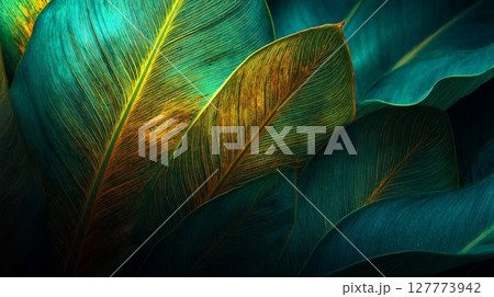 Closeup of Vivid Green Gold Tropical Leaves 127773942