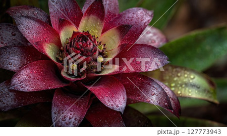 Closeup of a Dark Red Bromeliad with Dew Drops 127773943
