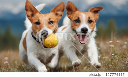 Two Jack Russell Terriers Playing with a Yellow Ball in a Field 127774115