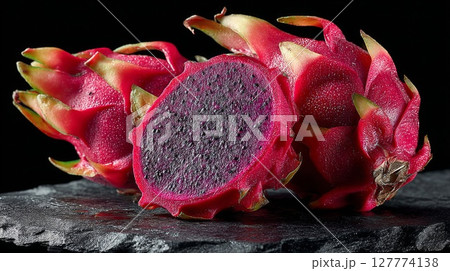 Closeup of Red Dragon Fruit Slices on Dark Background 127774138