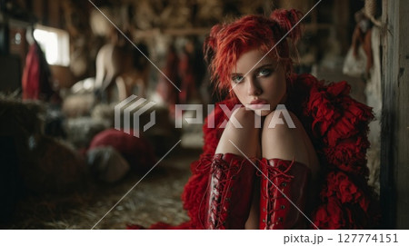 Portrait of a Young Redhead Woman in Red Outfit Sitting in a Rustic Barn 127774151