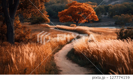 Winding Path Through Autumn Field 127774159