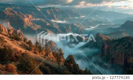 Misty Mountain Valley at Sunrise Misty Mountain Valley at Sunrise 127774180