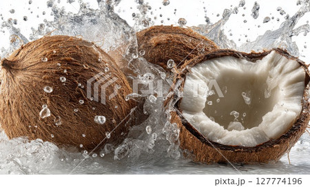Brown Coconut Halves Splashing in Water 127774196