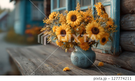 Yellow Sunflowers in a Blue Vase on Rustic Wooden Table Yellow Sunflowers in a Blue Vase on Rustic Wooden Table 127774211