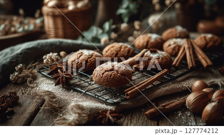 Dark Rustic Brown Sugar Cookies with Cinnamon and Spices Dark Rustic Brown Sugar Cookies with Cinnamon and Spices 127774212