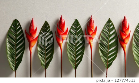 Red and Green Tropical Flowers with Leaves on White Background Red and Green Tropical Flowers with Leaves on White Background 127774313