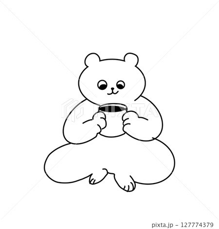 マグカップを両手に持ったくま／コーヒータイムのゆるい手描きイラスト 127774379