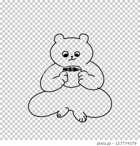 マグカップを両手に持ったくま／コーヒータイムのゆるい手描きイラスト 127774379