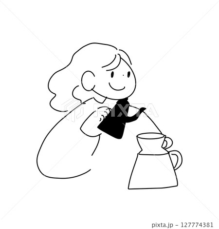 ハンドドリップでコーヒーを淹れる女性／カフェ風の手描き線画イラスト 127774381