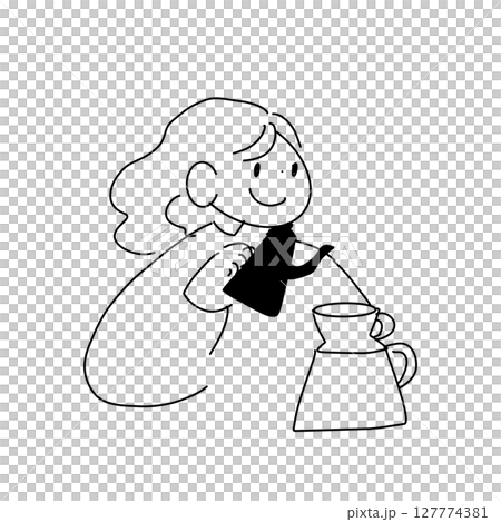 ハンドドリップでコーヒーを淹れる女性／カフェ風の手描き線画イラスト 127774381