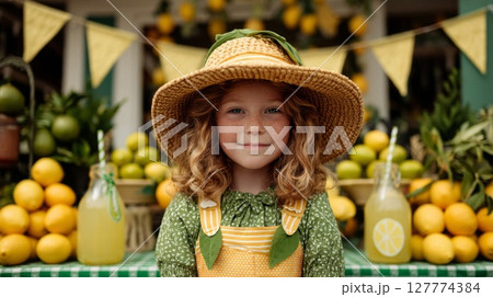 Smiling Girl in Straw Hat at Lemonade Stand 127774384