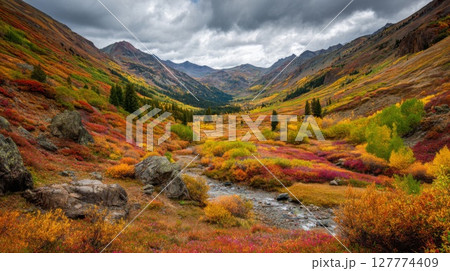 Vibrant Autumn Landscape in Mountain Valley 127774409