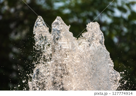 Splashes of water on dark background. Water sprays in sunny day close-up. 127774914