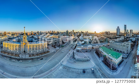 Yekaterinburg City Administration or City Hall. Central square. Evening city in the early spring, Aerial View. 127775008