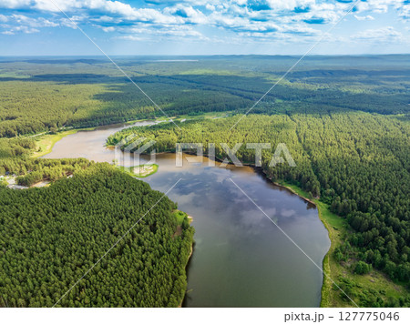 Aerial view of lake or river green shore with forest. Summer season. 127775046
