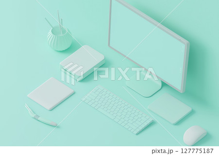 ミントグリーンのミニマルPCデスク環境 127775187