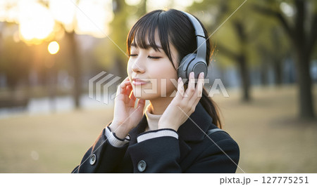 ヘッドホンで音楽を聴く日本人女性 AI生成画像 127775251