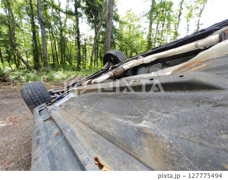 Rusty car rests on its side amidst trees foliage, significant damage from an accident. 127775494