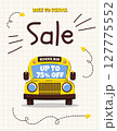 Back to school sale, discount card or flyer with school bus, paper planes and dashed flight paths on squared paper. Template for education ads and school promotions. Vector illustration 127775552