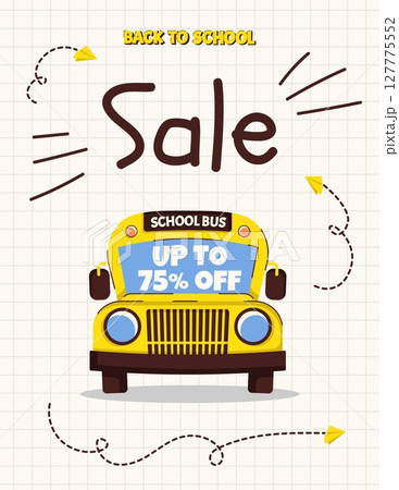 Back to school sale, discount card or flyer with school bus, paper planes and dashed flight paths on squared paper. Template for education ads and school promotions. Vector illustration 127775552