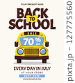 Back to school sale, discount card or flyer with school bus. Template for education ads and school promotions. Vector illustration 127775560