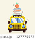Funny school bus with books and apple. Back to school, education concept. Flat vector illustration isolated on background 127775572