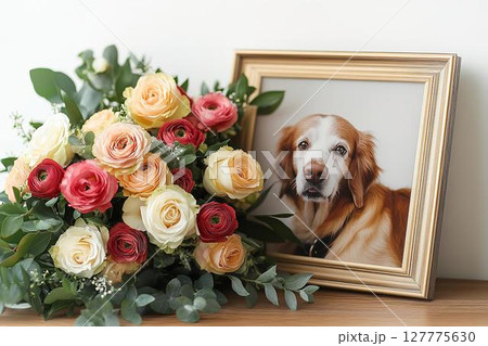 老犬を偲ぶ花と遺影のしんみりとしたメモリアル 127775630
