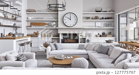 Cozy living room design featuring light colors and inviting decor for relaxation and comfort 127775707