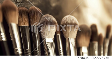 Professional makeup brushes lined up in a beauty salon ready for use during appointments Professional makeup brushes lined up in a beauty salon ready for use during appointments 127775736