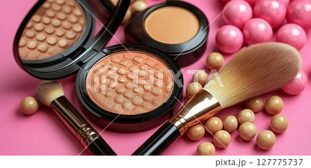 Cosmetics and makeup brushes arranged neatly on a colorful table with decorative beads 127775737