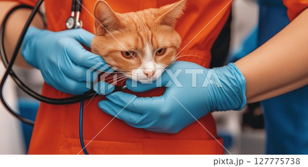 Vet clinic examination of a ginger cat by a caring veterinary professional in blue gloves 127775738
