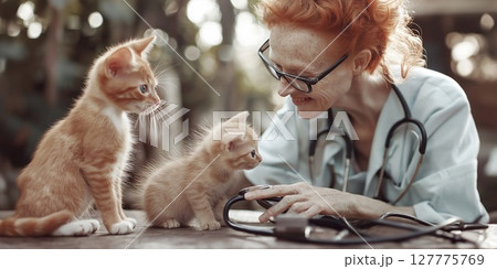 Veterinarian examining a puppy and kitten during a routine checkup at an animal clinic 127775769