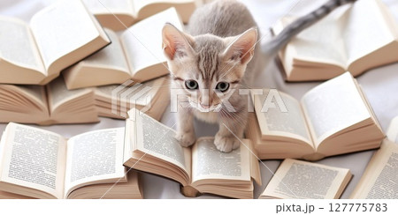 Adorable kitten exploring a pile of open books on a bright white background 127775783