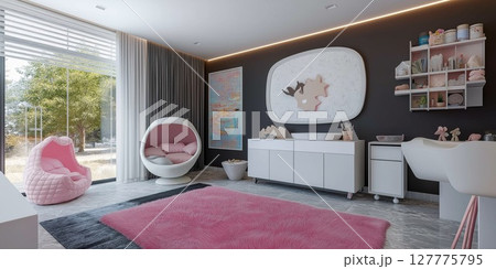 Children’s room featuring warm colors and playful goatish design elements for comfort 127775795