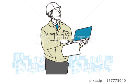 見据えた表情の作業服を着た男性のイラスト素材 127775940