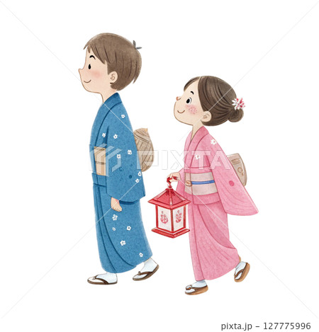 Cartoon of a boy and girl wearing Numata Festival Clipart Watercolor 127775996