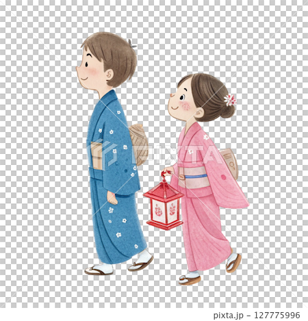 Cartoon of a boy and girl wearing Numata Festival Clipart Watercolor 127775996