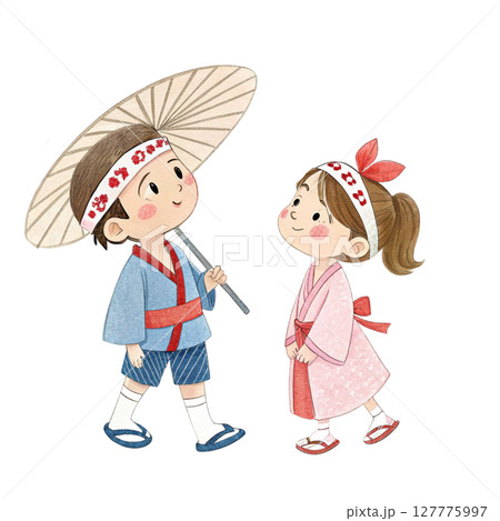Cartoon of a boy and girl wearing Numata Festival Clipart Watercolor 127775997